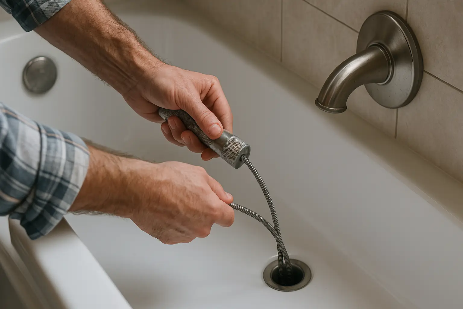 technicien LEROY Services débouchant une baignoire
